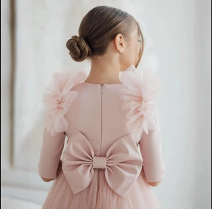 Pink Flower Girl Dresses Tulle With Bow Half Sleeve For Wedding Birthday Party Banquet Princess Gowns