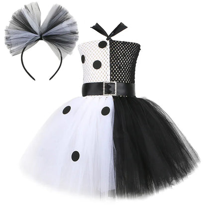 Halloween Costume Kids Black White Dalmatians Party Dress Clown Birthday Prom Dress Up Puffy Dress For Girls Clothes With Belt