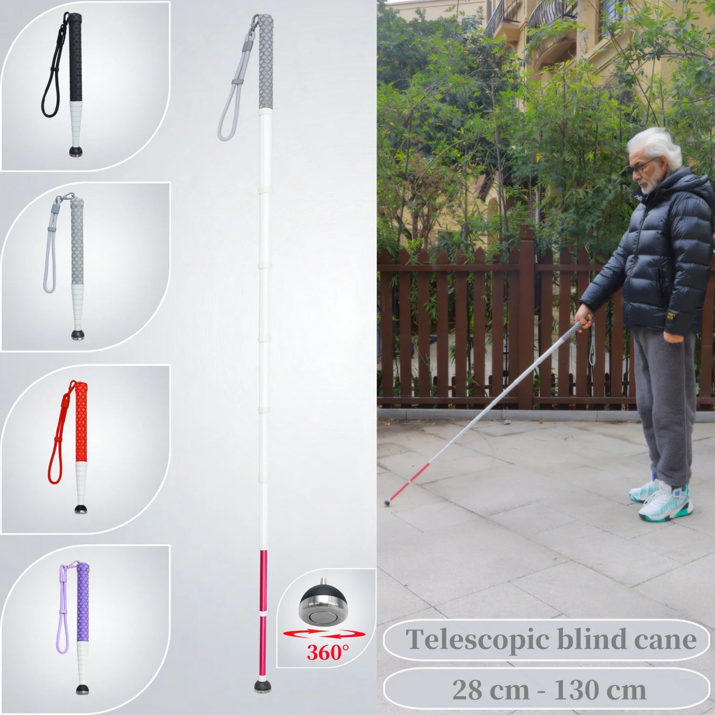 130cm Titanium Alloy Telescopic Blind Cane – White Cane for Visually Impaired, Rotating Tip with Extra Replacement & Hard Case
